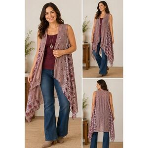 Soft Surroundings Sheer Geometric Kimono‎ L/XL Mauve Open Front Boho Duster